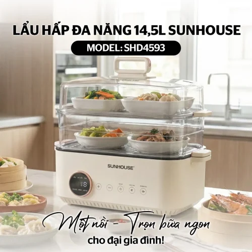 Lẩu điện SUNHOUSE SHD4593 14,5 lít đa năng đang hấp thực phẩm cho gia đình