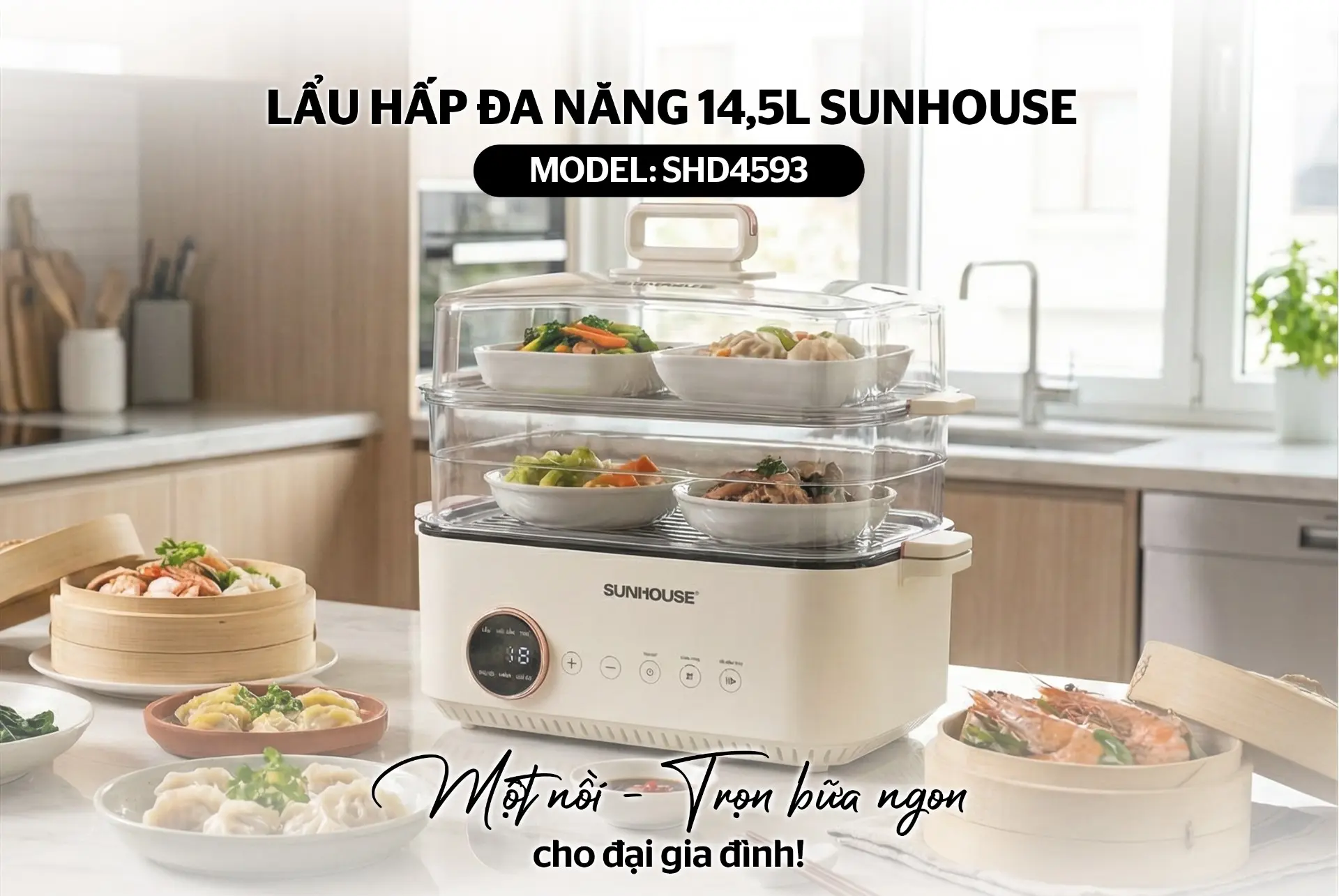 Lẩu điện SUNHOUSE SHD4593 14,5 lít đa năng đang hấp thực phẩm cho gia đình