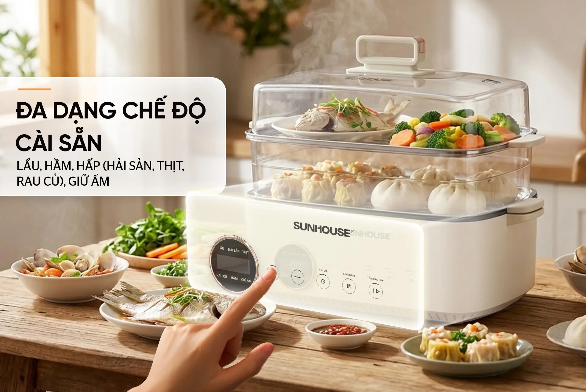 Lẩu điện SUNHOUSE SHD4593 1300W 14.5 lít kèm xửng hấp đa năng