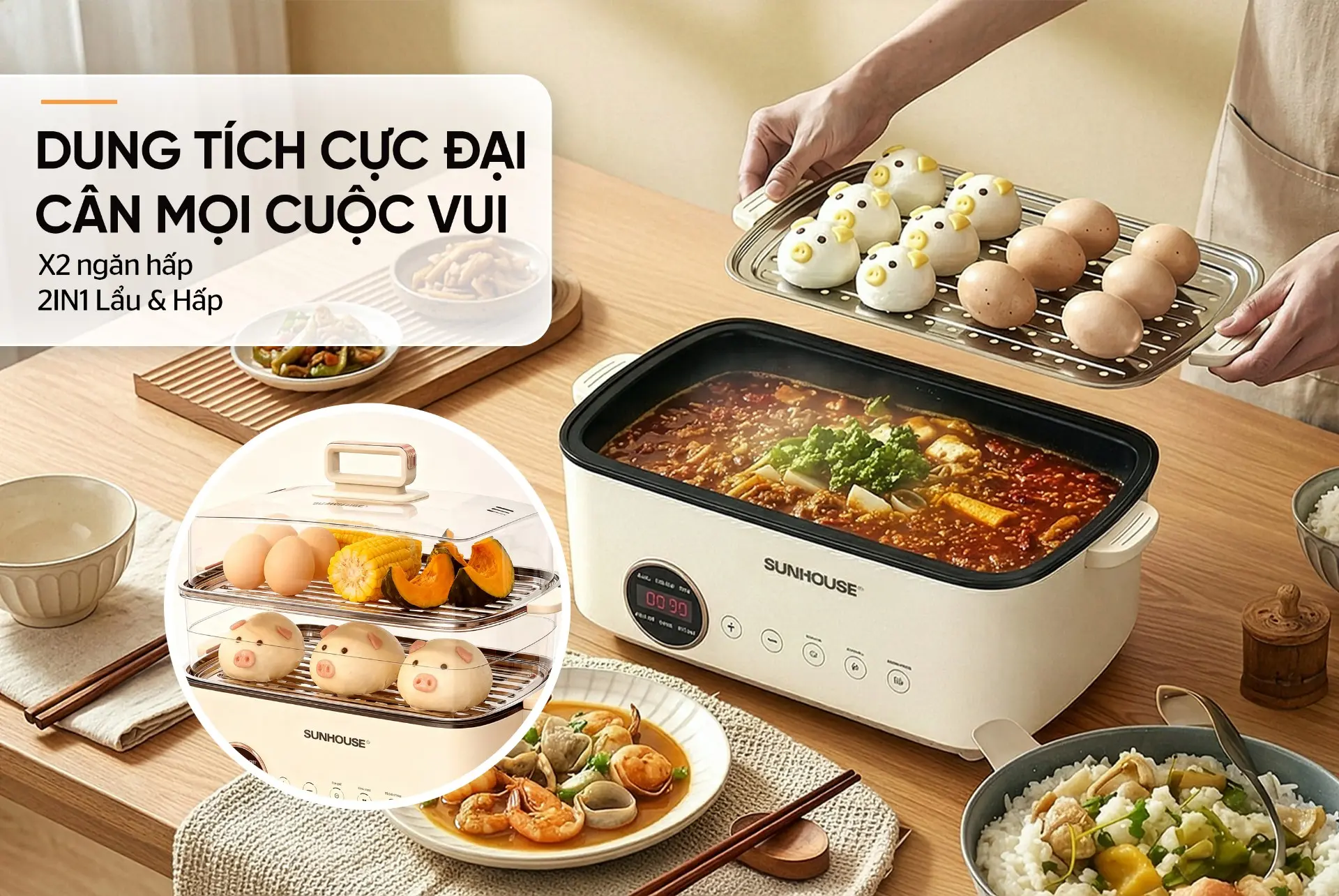 Lẩu điện SUNHOUSE SHD4593 14.5 lít nấu lẩu và hấp thực phẩm