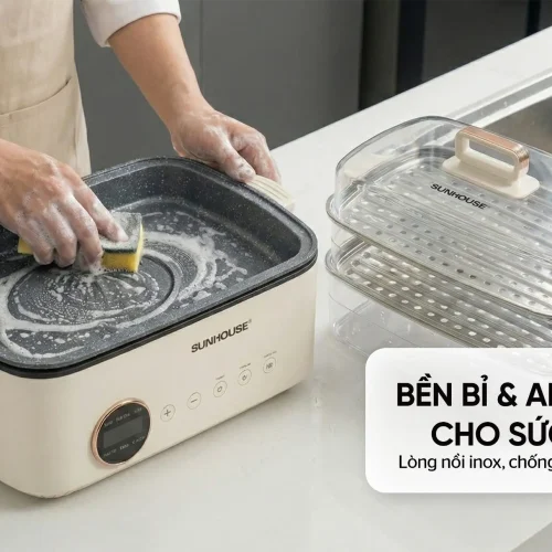 Lẩu điện SUNHOUSE SHD4593 với lòng nồi Ceramic và xửng hấp dễ vệ sinh