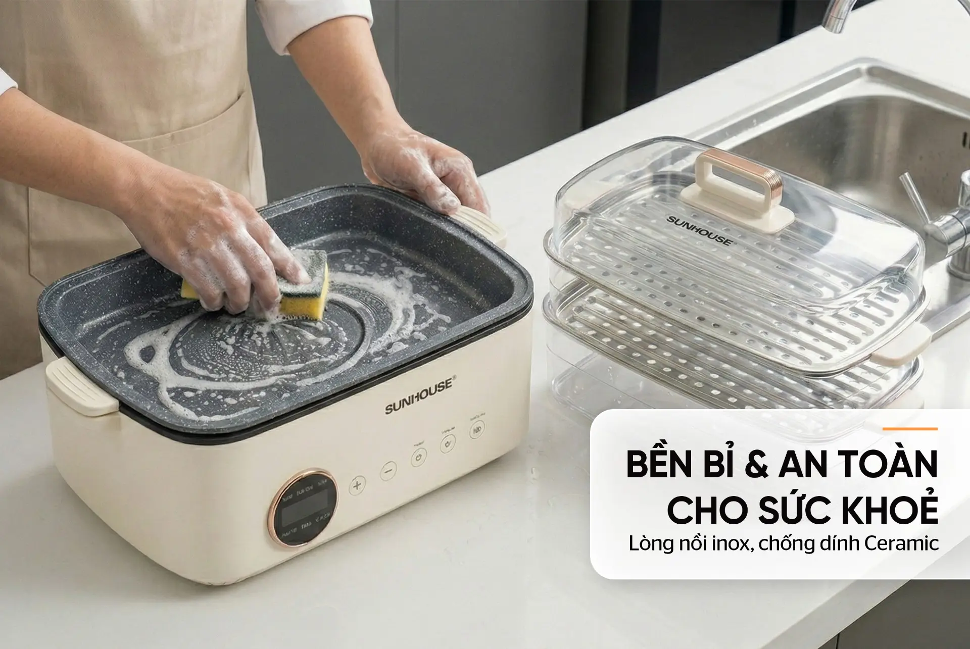 Lẩu điện SUNHOUSE SHD4593 với lòng nồi Ceramic và xửng hấp dễ vệ sinh