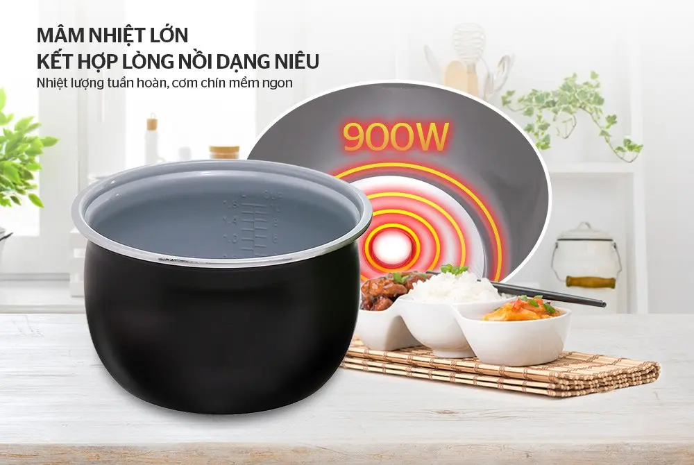 Lòng nồi chống dính và mâm nhiệt 900W của nồi cơm điện SUNHOUSE SHD8665G