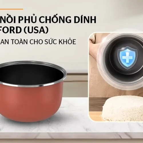 Lòng nồi phủ chống dính Whitford của nồi cơm điện SUNHOUSE SHD8607BR bền bỉ và an toàn cho sức khỏe