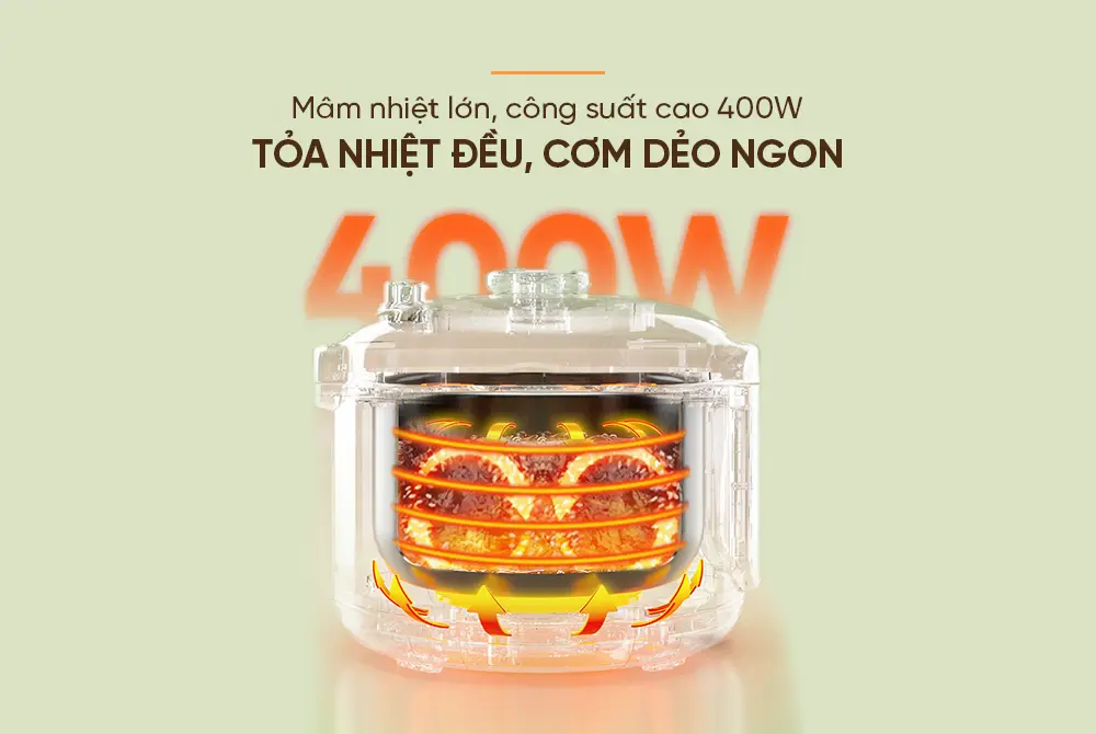 Mâm nhiệt công suất 400W tỏa nhiệt đều của nồi cơm điện SUNHOUSE SHD8200 0.8 lít