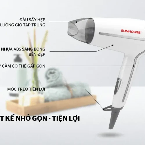 Thiết kế máy sấy tóc SUNHOUSE SHD2308W với đầu sấy hẹp và tay cầm gấp gọn