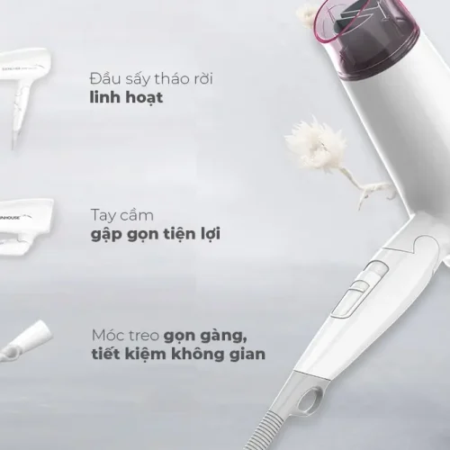 Tính năng đầu sấy tháo rời, tay cầm gập và móc treo của máy sấy tóc SUNHOUSE SHD2309 2200W