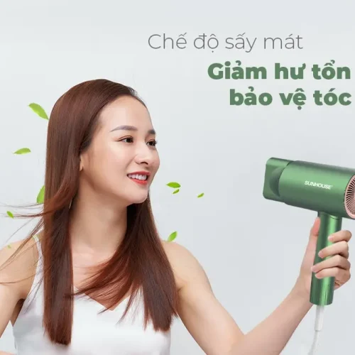 Máy sấy tóc SUNHOUSE SHD2315B màu xanh với chế độ sấy mát bảo vệ tóc