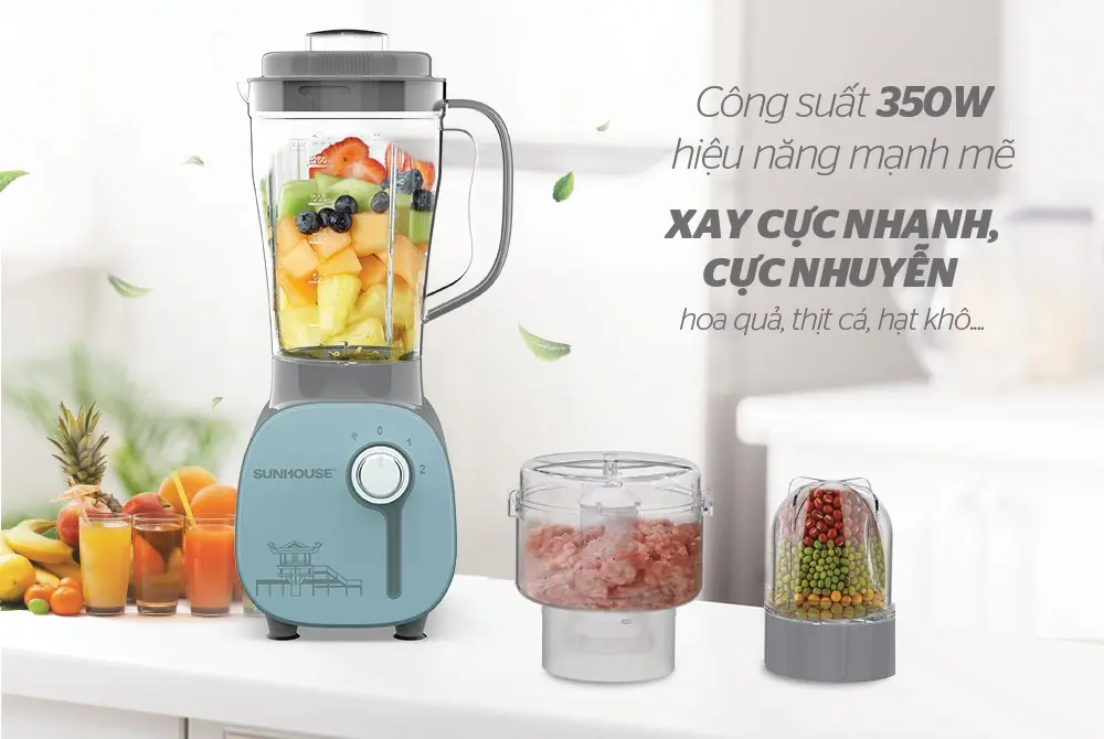 Máy xay sinh tố SUNHOUSE SHD5312B màu xanh, kèm cối xay thịt và cối xay khô