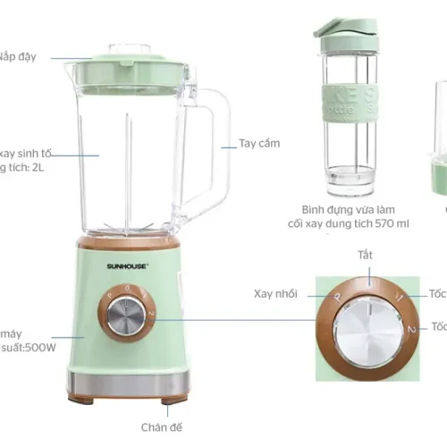 Cấu tạo máy xay sinh tố SUNHOUSE SHD5315G màu xanh với cối 2 lít, bình mang đi và cối xay nhỏ