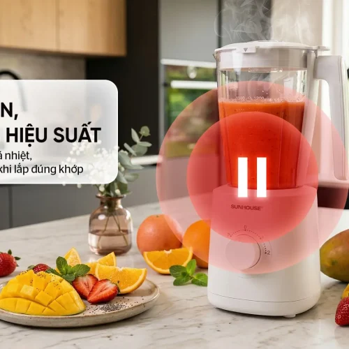 Máy xay sinh tố SUNHOUSE SHD5318 đang xay sinh tố, minh họa tính năng tự ngắt khi quá nhiệt