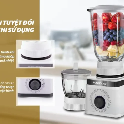 Máy xay sinh tố SUNHOUSE SHD5582WR với cối thủy tinh, cối xay nhỏ và tính năng an toàn