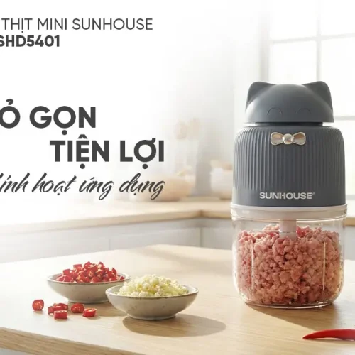 Máy xay thịt mini SUNHOUSE SHD5401 màu xám đang xay thịt