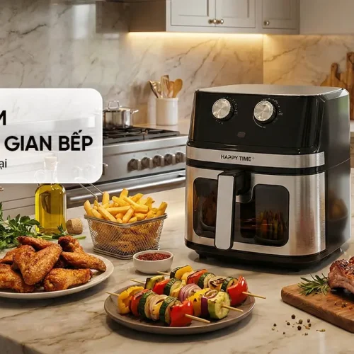 Nồi chiên không dầu SUNHOUSE HTD4031 đặt trên bàn bếp cùng món nướng