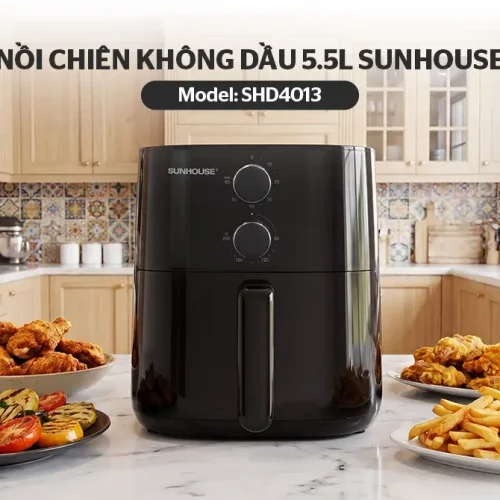 Nồi chiên không dầu SUNHOUSE SHD4013 5.5 lít đặt tại gian bếp