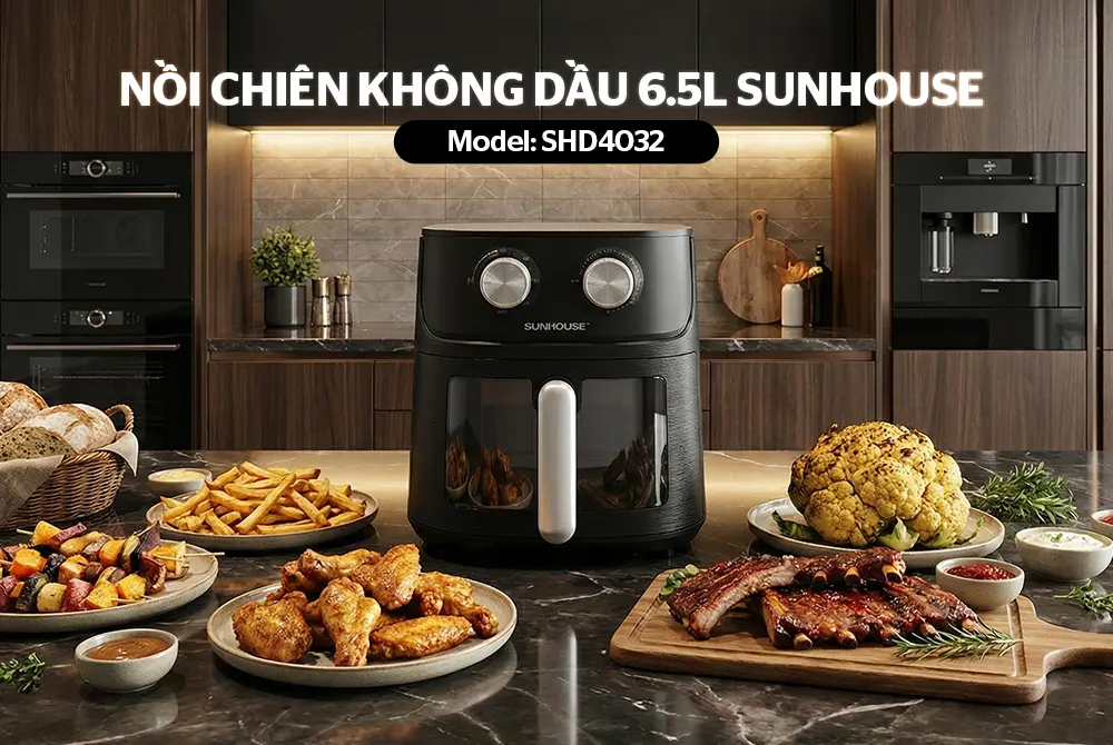 Nồi chiên không dầu SUNHOUSE SHD4032 6.5 lít 1600W trong không gian bếp