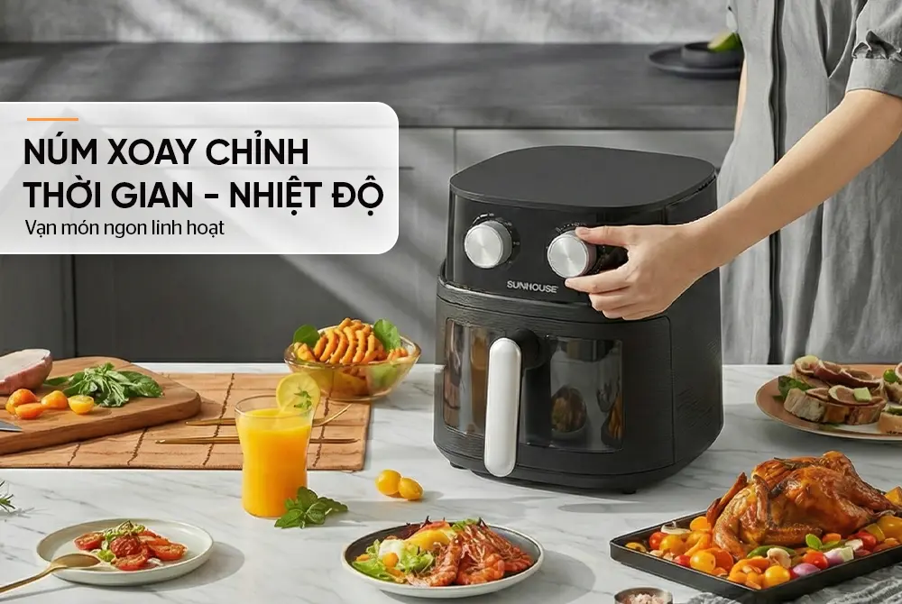 Nồi chiên không dầu SUNHOUSE SHD4032 với núm xoay điều chỉnh thời gian và nhiệt độ