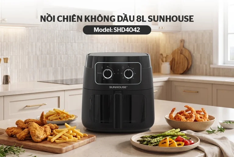Nồi chiên không dầu SUNHOUSE SHD4042 8 lít 1750W chính diện trong không gian bếp