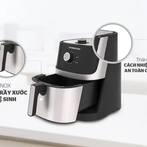 Nồi chiên không dầu SUNHOUSE SHD4056VM 6 lít với vỏ inox chống trầy xước và thân nhựa PP cách nhiệt