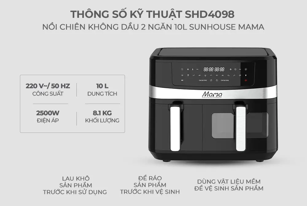 Nồi chiên không dầu SUNHOUSE SHD4098 - 2500W, 10 lít, Cảm ứng - Ảnh 12