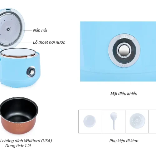 Cấu tạo nồi cơm điện HAPPY TIME HTD8522G gồm lòng nồi chống dính, nắp thoát hơi và phụ kiện