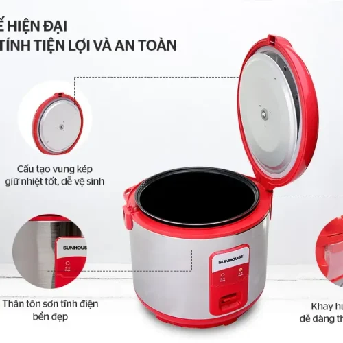 Nồi cơm điện SUNHOUSE SH18S mở nắp với vung kép và khay hứng nước