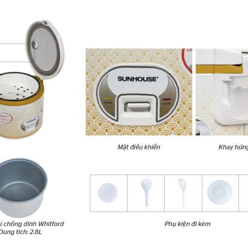 Cấu tạo nồi cơm điện SUNHOUSE SH830 2.8 lít với lòng chống dính Whitford, nắp và phụ kiện