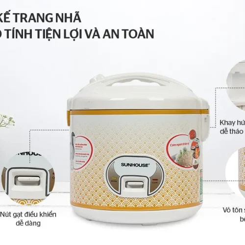 Nồi cơm điện SUNHOUSE SH830 với nút gạt, vỏ tôn sơn tĩnh điện và khay hứng nước tháo rời