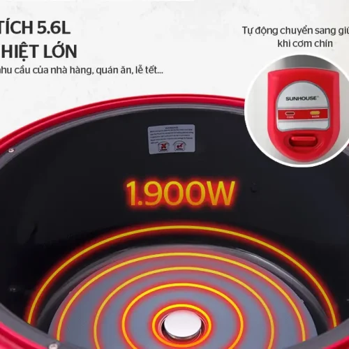 Lòng nồi và mâm nhiệt 1900W của nồi cơm điện SUNHOUSE SH866 5.6 lít