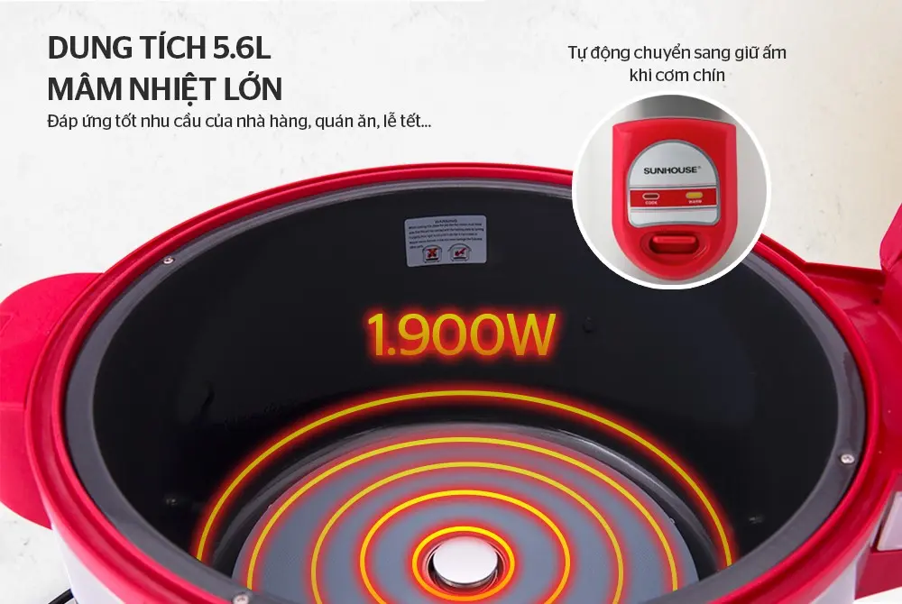 Lòng nồi và mâm nhiệt 1900W của nồi cơm điện SUNHOUSE SH866 5.6 lít