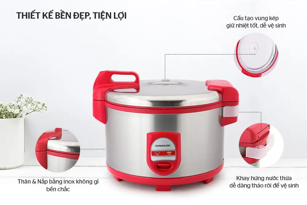 Nồi cơm điện SUNHOUSE SH866 thân inox với nắp kép và khay hứng nước tháo rời