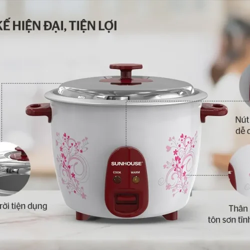 Nồi cơm điện SUNHOUSE SHD8106 thiết kế thân tôn sơn tĩnh điện, vung inox rời và nút gạt 2 chế độ