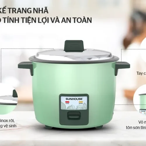 Nồi cơm điện SUNHOUSE SHD8133 1.8 lít với tay cầm chống bỏng và vỏ tôn sơn tĩnh điện