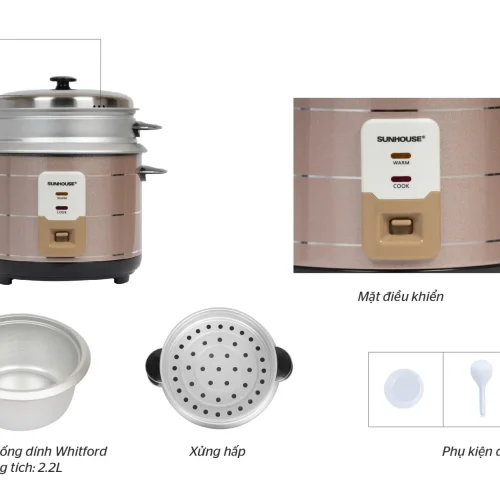 Chi tiết nồi cơm điện SUNHOUSE SHD8135 2.2 lít gồm lòng nồi chống dính, xửng hấp và phụ kiện