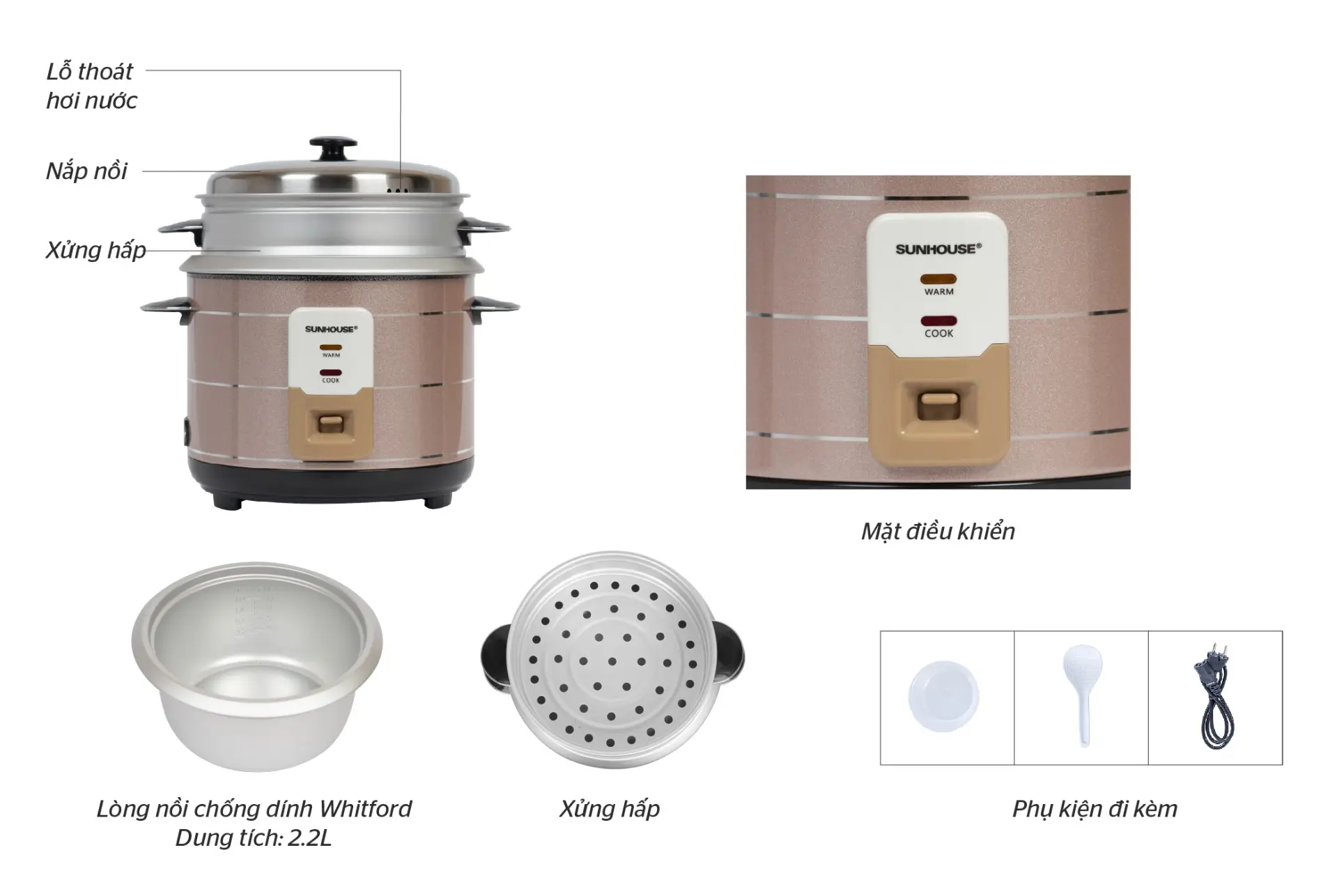 Chi tiết nồi cơm điện SUNHOUSE SHD8135 2.2 lít gồm lòng nồi chống dính, xửng hấp và phụ kiện