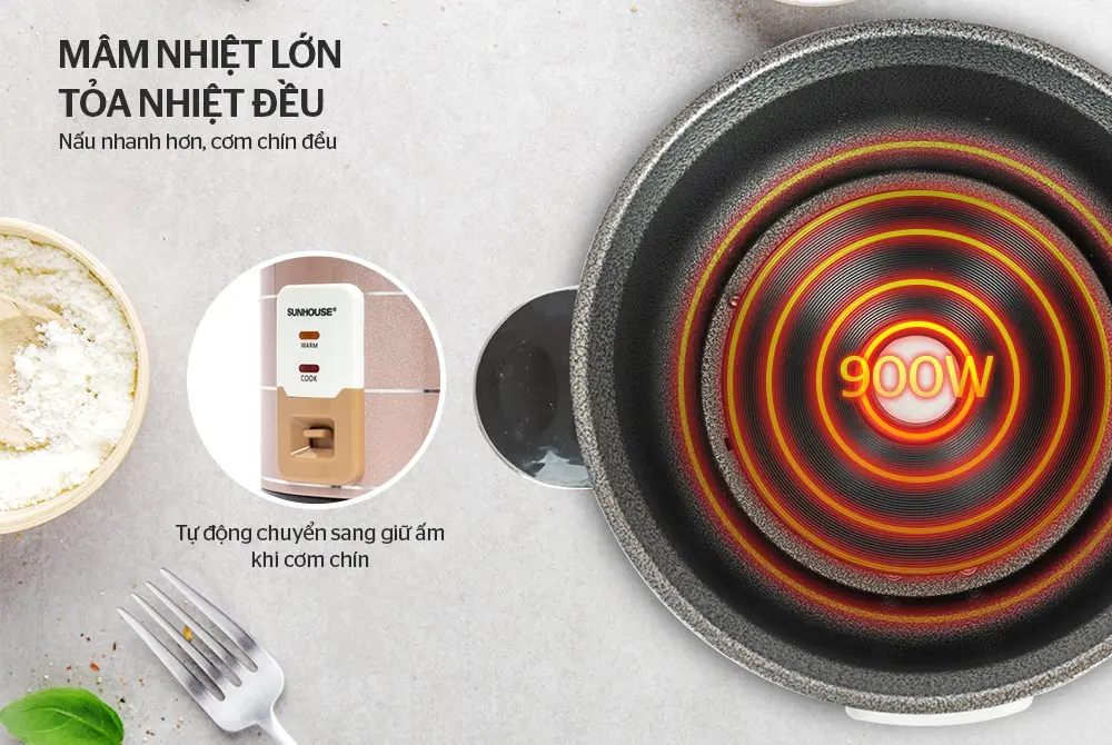 Mâm nhiệt 900W lớn tỏa nhiệt đều của nồi cơm điện SUNHOUSE SHD8135