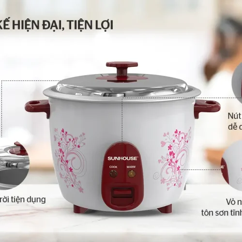 Nồi cơm điện SUNHOUSE SHD8138 vỏ tôn sơn tĩnh điện và nút gạt 2 chế độ