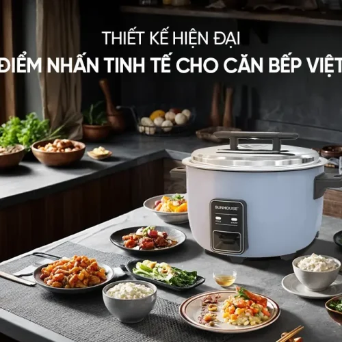 Nồi cơm điện SUNHOUSE SHD8156 5.6 lít đặt trên bàn ăn trong không gian bếp