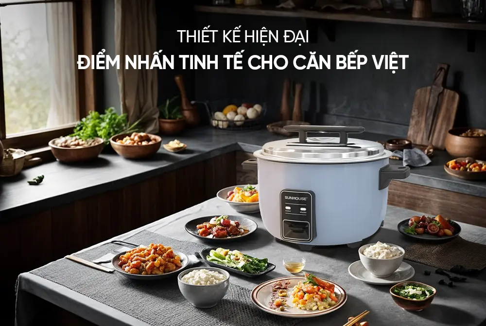 Nồi cơm điện SUNHOUSE SHD8156 5.6 lít đặt trên bàn ăn trong không gian bếp
