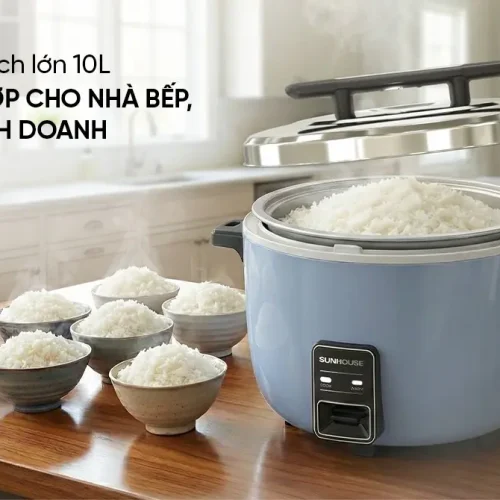 Nồi cơm điện SUNHOUSE SHD8166 dung tích 10 lít đang mở nắp với cơm chín