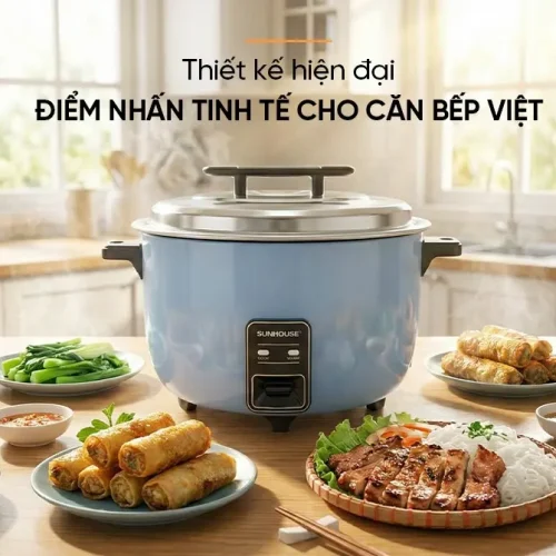 Nồi cơm điện SUNHOUSE SHD8166 10 lít màu xanh trong không gian bếp