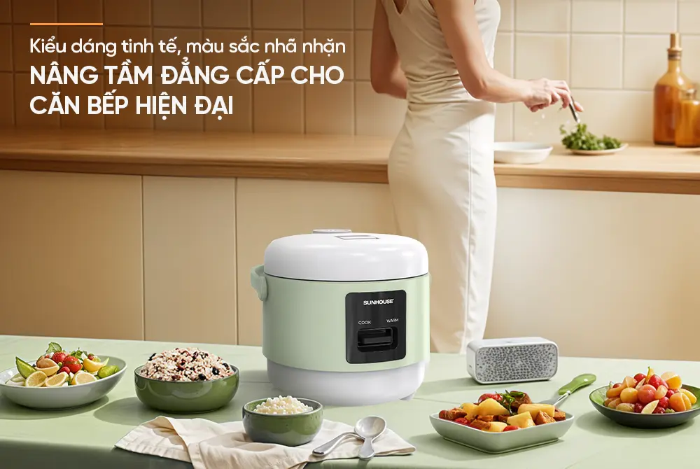 Nồi cơm điện SUNHOUSE SHD8200 màu xanh nhạt trong không gian bếp