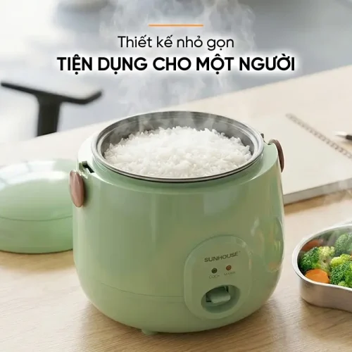 Nồi cơm điện SUNHOUSE SHD8206G 0.4 lít mở nắp với cơm chín bên trong