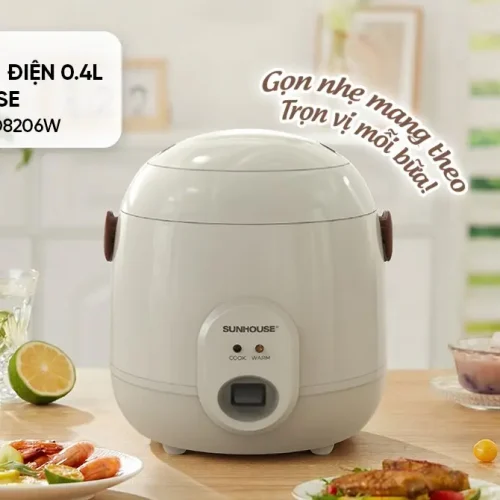 Nồi cơm điện mini SUNHOUSE SHD8206W 0.4 lít màu trắng nhìn từ phía trước