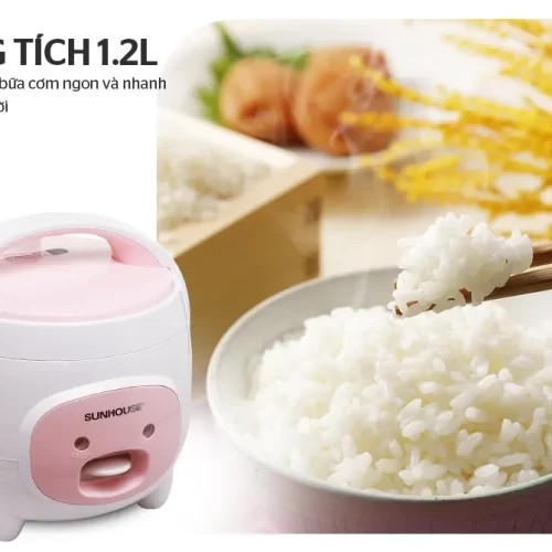 Nồi cơm điện SUNHOUSE SHD8217W 1.2 lít màu hồng, minh họa dung tích và cơm chín