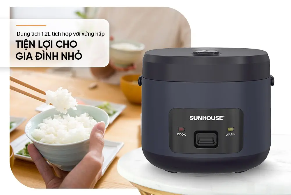 Nồi cơm điện SUNHOUSE SHD8219 1.2 lít màu xanh đậm trong không gian bếp