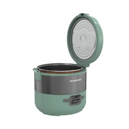 Nồi cơm điện SUNHOUSE SHD8221 màu xanh mở nắp, hiển thị lòng nồi
