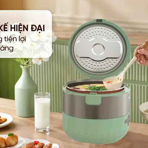 Nồi cơm điện SUNHOUSE SHD8221 màu xanh đang mở nắp, minh họa thao tác sử dụng