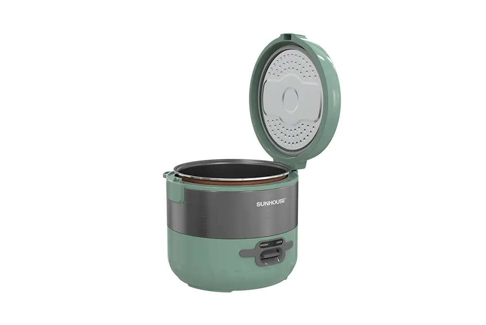 Nồi cơm điện SUNHOUSE SHD8221 màu xanh mở nắp, hiển thị lòng nồi