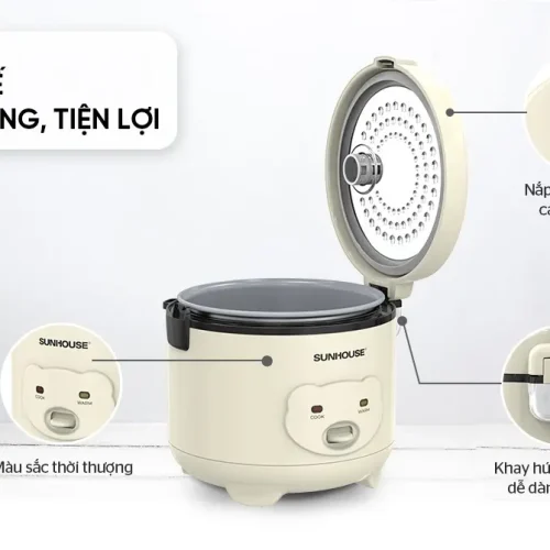 Nồi cơm điện SUNHOUSE SHD8224W màu kem mở nắp với khay hứng nước rời